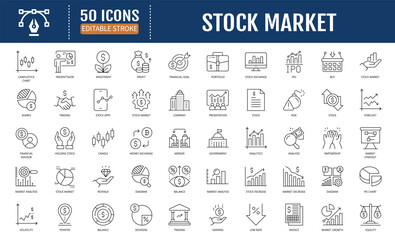 Stock Market Line Icon Set. Includes stocks,
stock exchange, financial goal, shares,
investment, bull market, bear market, investment,
and more. Vector Illustration with Editable
Strokes