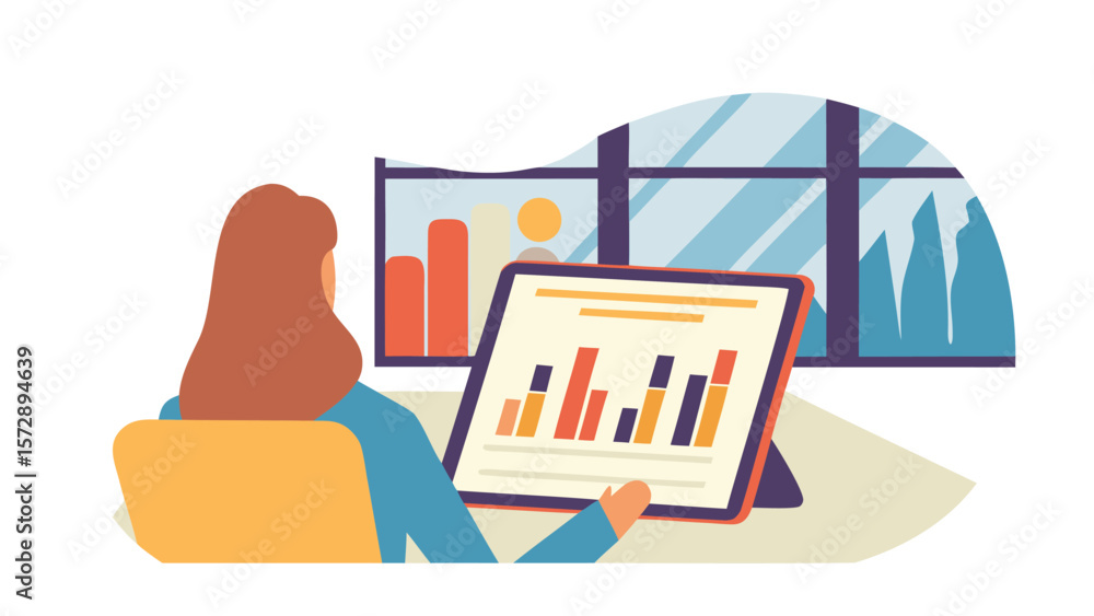 Poster woman analyzing bar graph on tablet in front of window with city view and business chart display 100