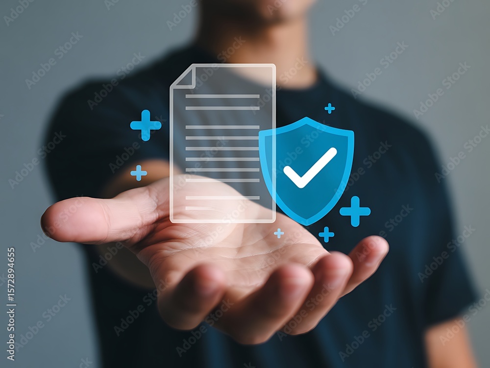 Poster document protection shield with checkmark and plus symbols security