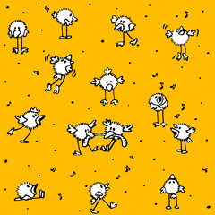 pattern of crazy chicks with humor and emotions on a yellow background