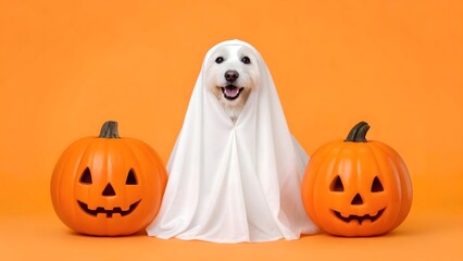 Adorable white dog dressed as a ghost with jack o lanterns for halloween