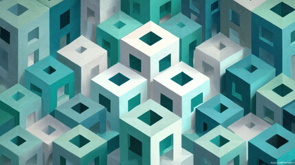 Teal and White Isometric Cube Pattern Abstract Background