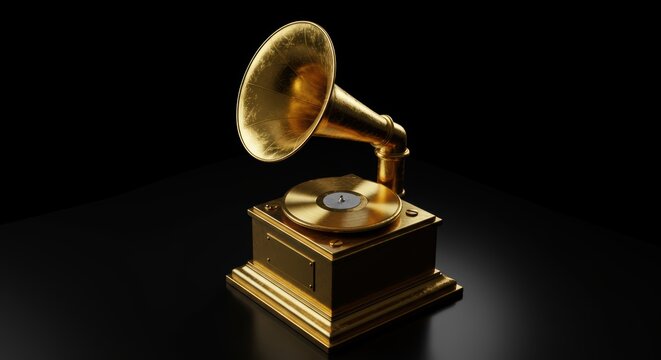 Elegant golden gramophone evokes vintage music charm perfect for adding a touch of timeless sophistication and classic audio appeal