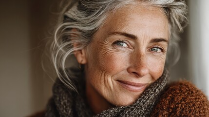 a mature woman smiling confidently, Menopause Month awareness, front view, photorealistic style, warm natural light, isolated on white background
