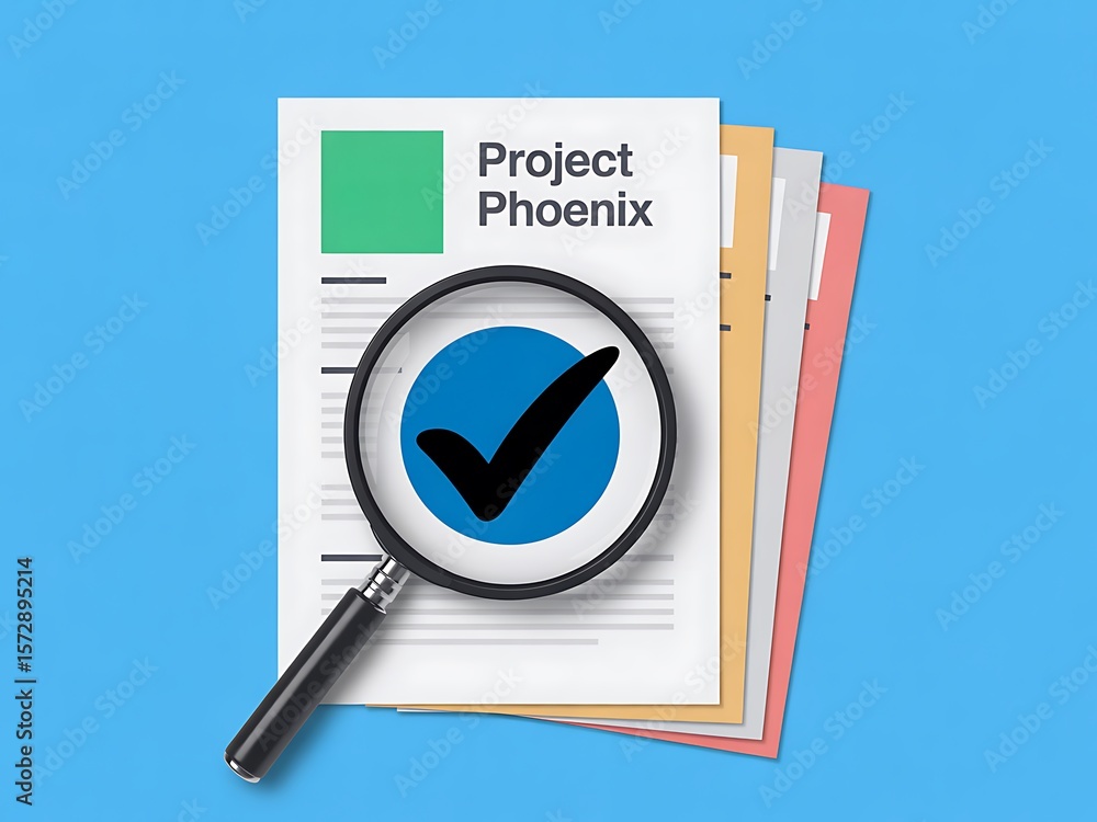Poster document review with magnifying glass and checkmark paper project