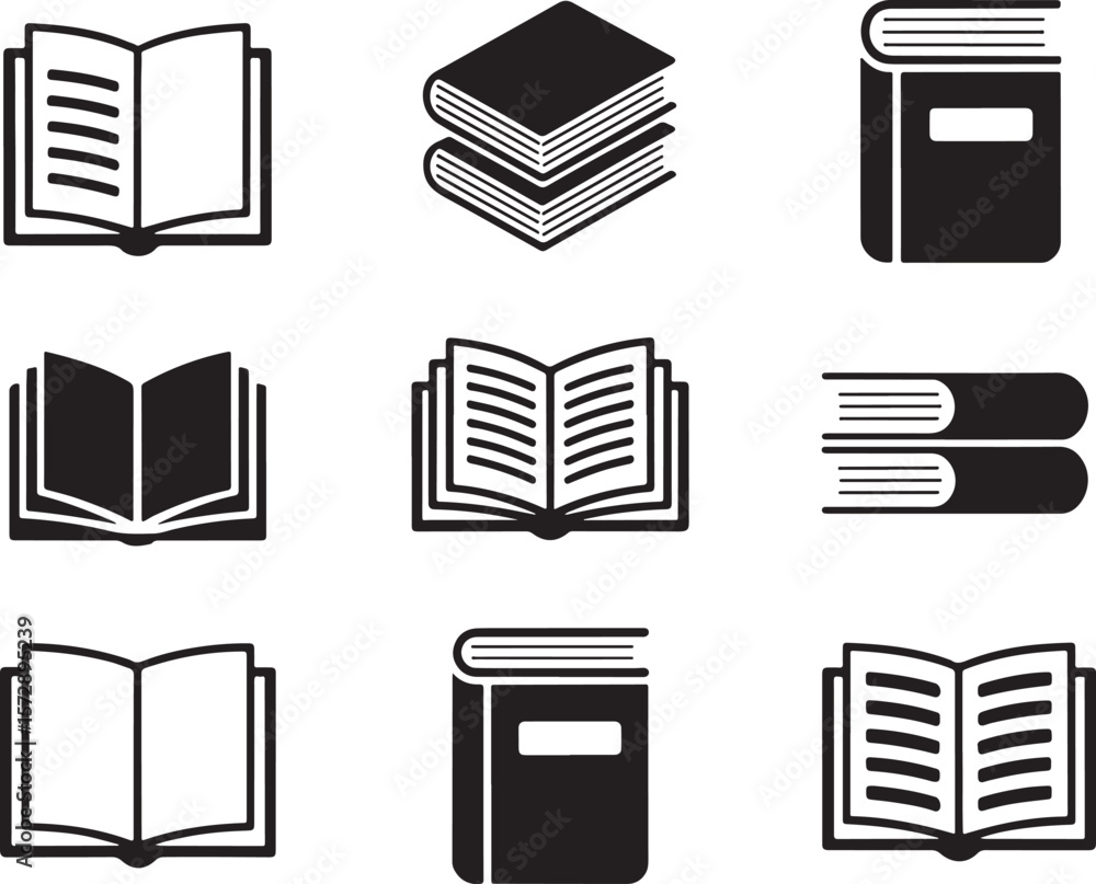 Poster black and white book collection featuring various book styles stacked books and open books for readi