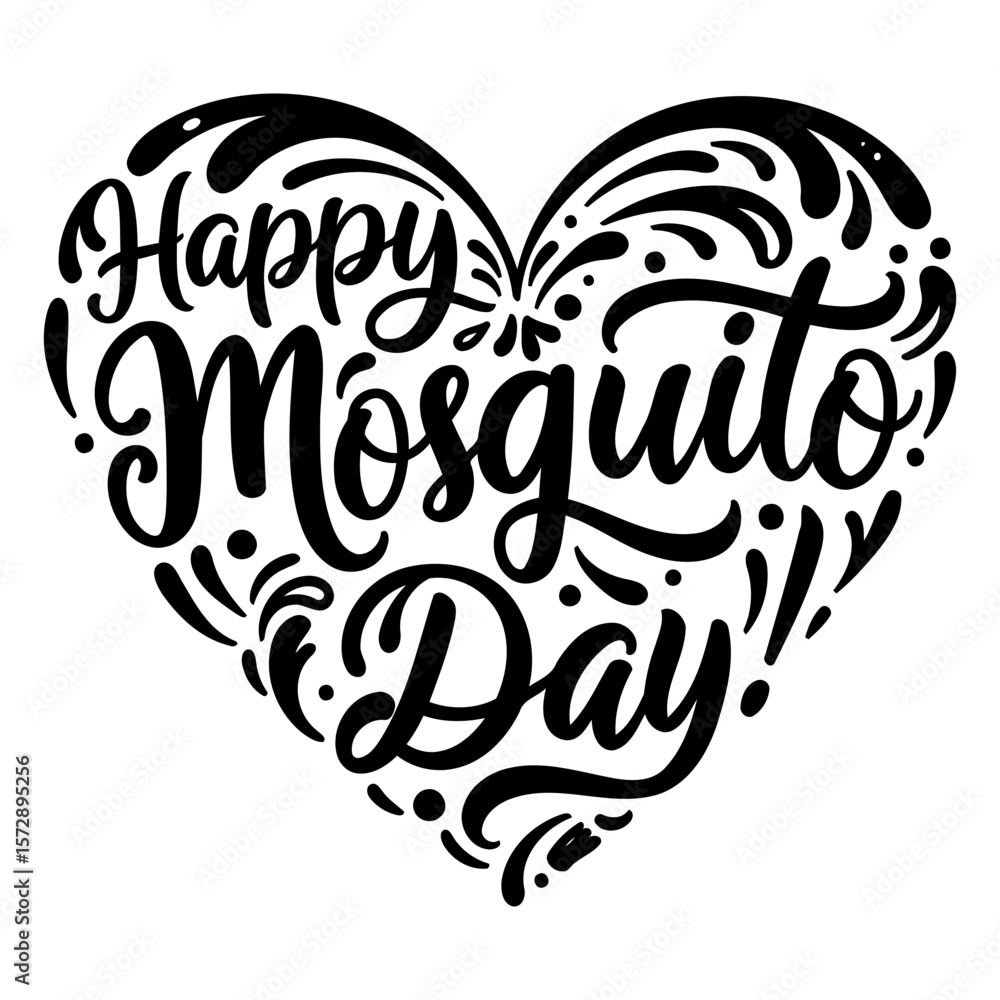 Poster happy mosquito day heart-shaped graphic design. decorative lettering with abstract elements in a hea
