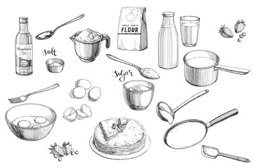 A set of vector illustrations for a recipe for thin pancakes. Sketches of products for making crepes.