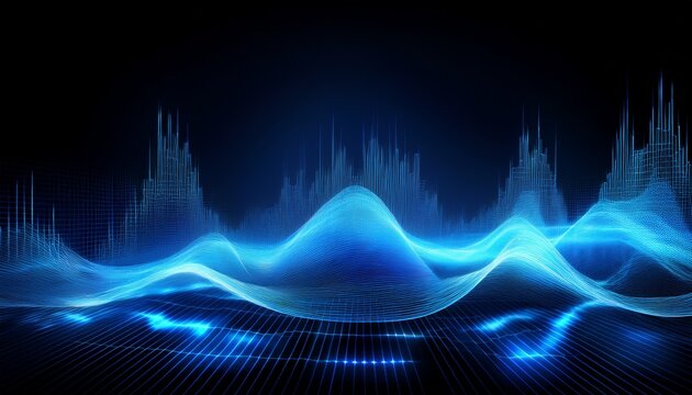 abstract digital background with blue glowing sound waves and data visualization on a black background an ai technology concept generative ai