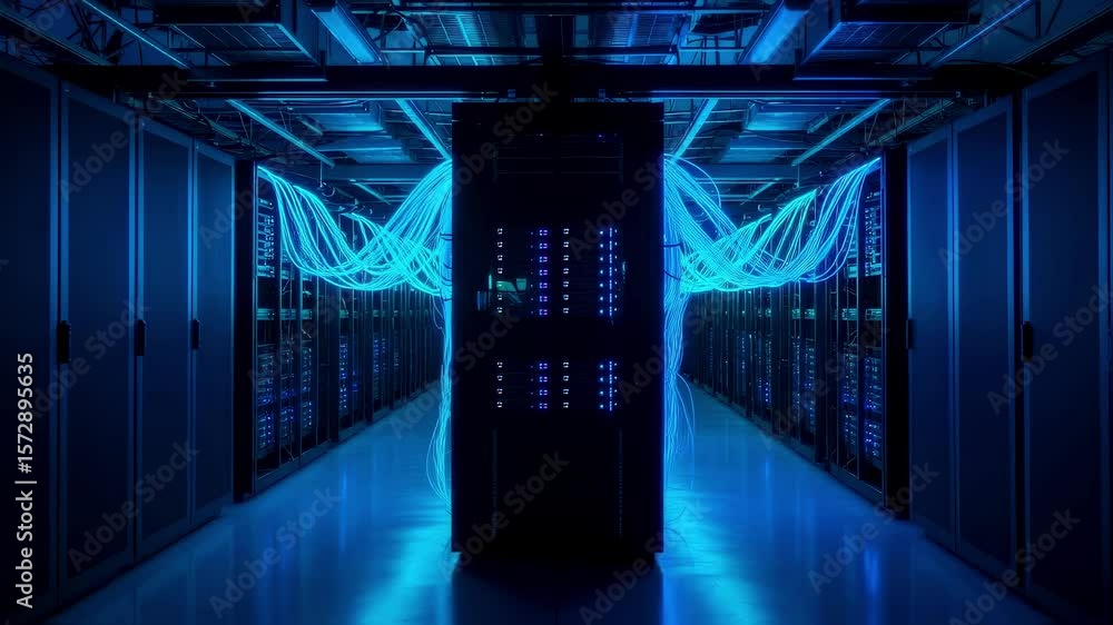 Poster futuristic data center features glowing blue and green network cables connecting server racks, showc
