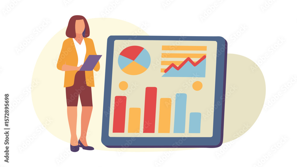 Poster woman presenting data on a large tablet with bar chart pie chart and line graph for business analysi
