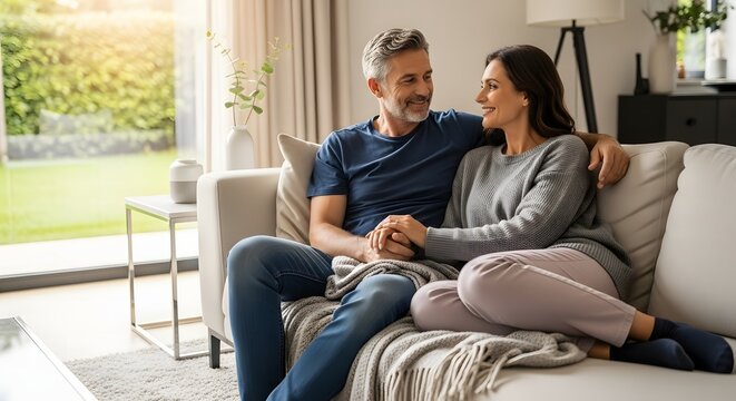 Happy middle-aged couple relaxing together on a comfortable sofa in their home, enjoying intimate moment.