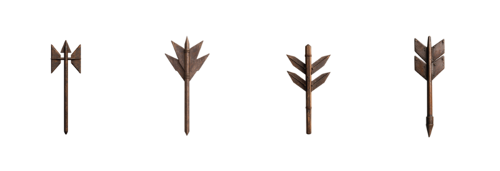 Assorted wooden arrows depicting various traditional arrowhead designs for archery