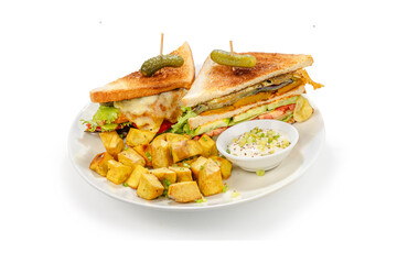 Delicious club sandwich with vegetables, melted cheese, fried potatoes, and sauce. Served on a...