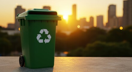 Green recycling bin with sunset and city skyline for environmental awareness and sustainable practices in waste disposal
