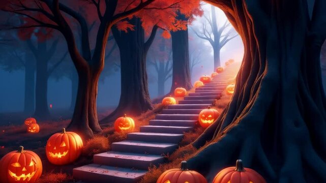 Discover a magical woodland filled with spooky pumpkins at dusk. Eerie october helloween