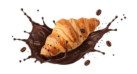 Crispy croissant rests amid a splash of chocolate and coffee beans with transparent background