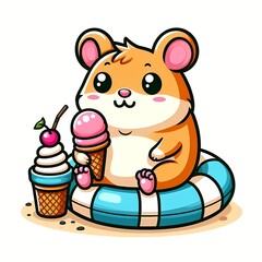 cute hamster with swimming tires and ice cream cartoon vector icon illustration