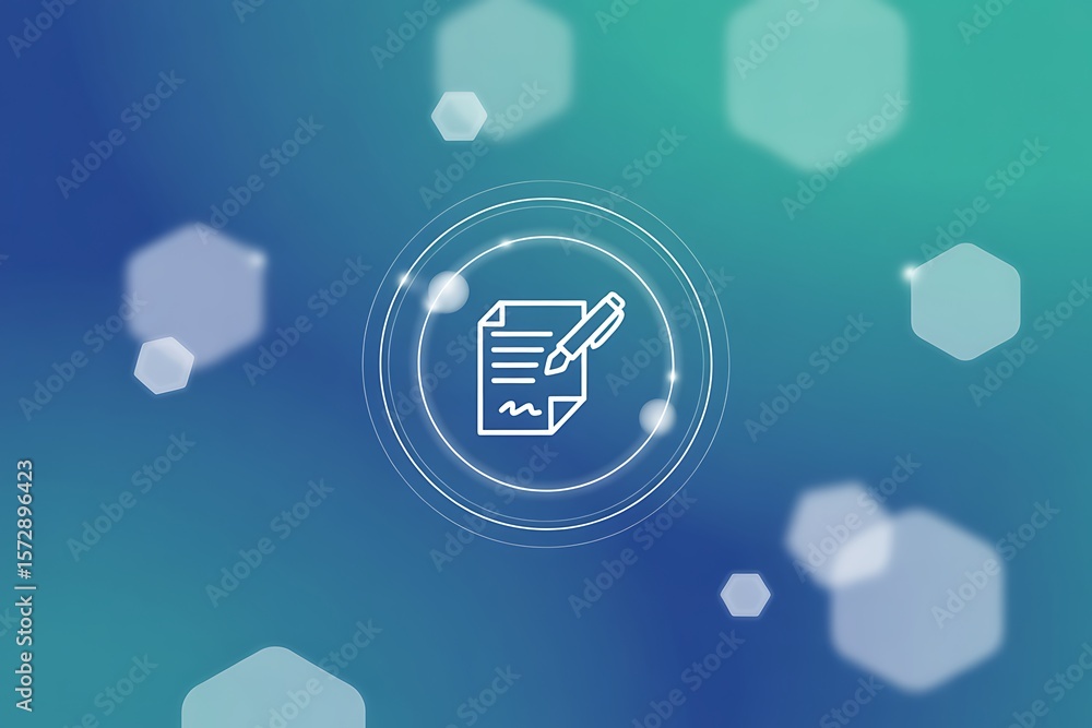 Poster document with pen icon and hexagonal shapes writing contract