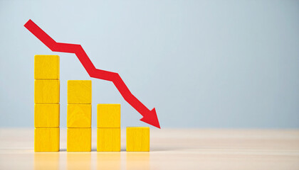 Minimalist yellow graph with red arrow pointing down. Business risk, financial decline, money loss