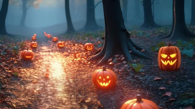 Wander through a dense woodland illuminated by spooky pumpkin lights. Eerie october helloween