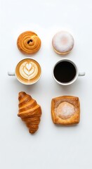 Croissant, coffee, donut, and danish pastries are beautifully arranged on a clean white surface