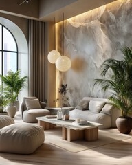 Quiet luxury interior concept with neutral tones, marble textures, and soft lighting, realistic photography. Quiet luxury interior scenes and quiet luxury interior illustration design for microstock 