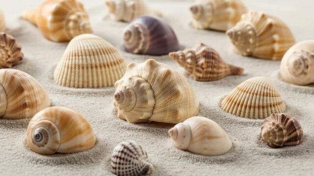 Assorted seashells on sand. Seashells, sand, beach, summer, ocean, nature, vacation.