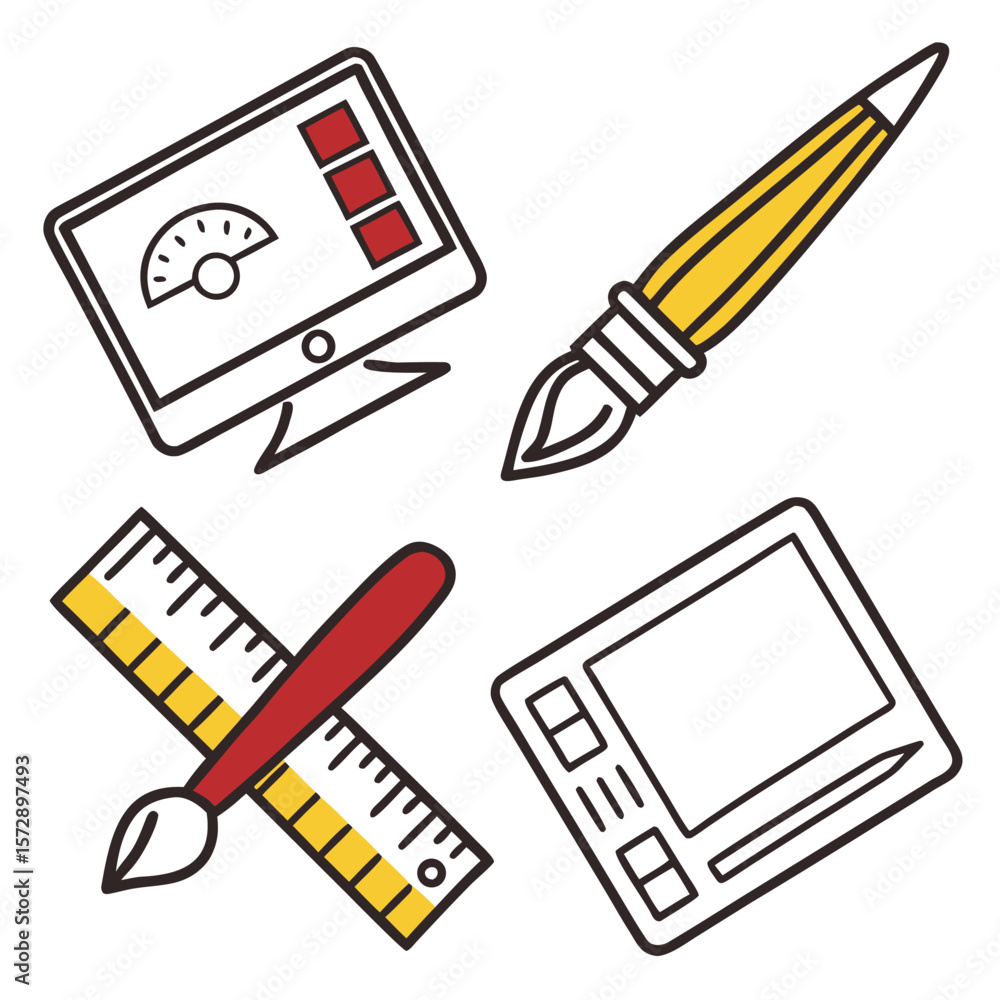 Poster a collection of graphic design tools including a computer monitor with a gauge a paintbrush a ruler 