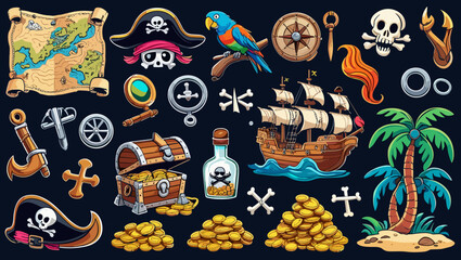 A cartoon illustration featuring pirate themed elements such as a map and treasure chest