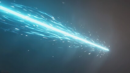 Fototapeta premium Bright blue electric beam shooting through dark space with glowing trails and shards surrounding it