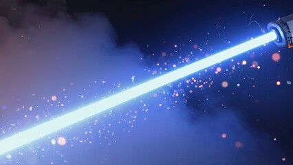 Bright blue laser beam cutting through fog during an energetic science demonstration at a local event