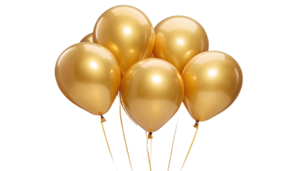 Gold balloon PNG with copy space. Floating festive balloons on transparent background, perfect for celebration, party, or birthday designs. Isolated cutout graphic element for decorations.