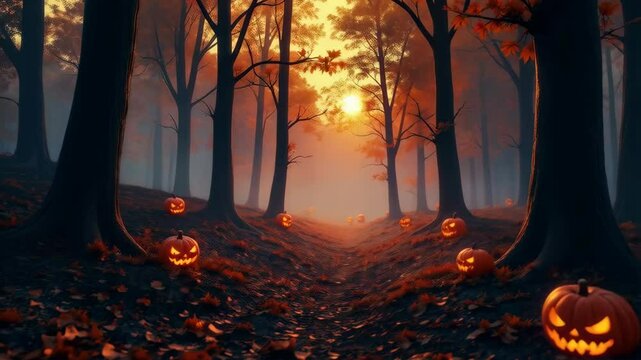 A trail of glowing pumpkins brightens a mysterious autumn forest. Eerie october helloween
