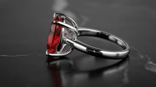 Elegant silver ring with brilliant red ruby gemstone reflecting light on black.