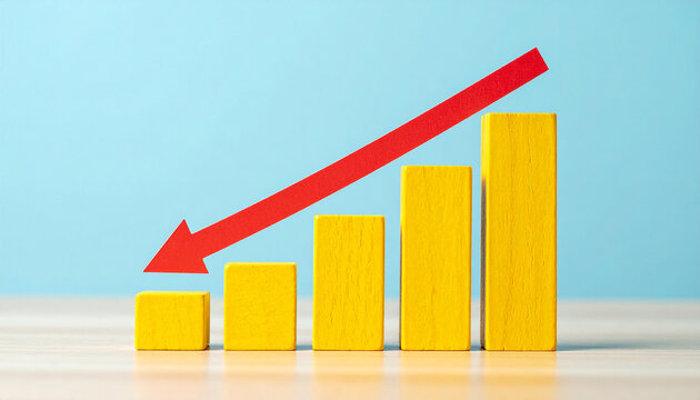 Minimalist yellow graph with red arrow pointing down. Business risk, financial decline, money loss