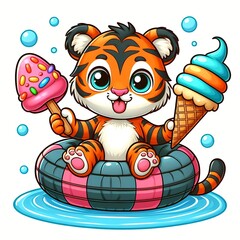 cute tiger with swimming tires and ice cream cartoon vector icon illustration