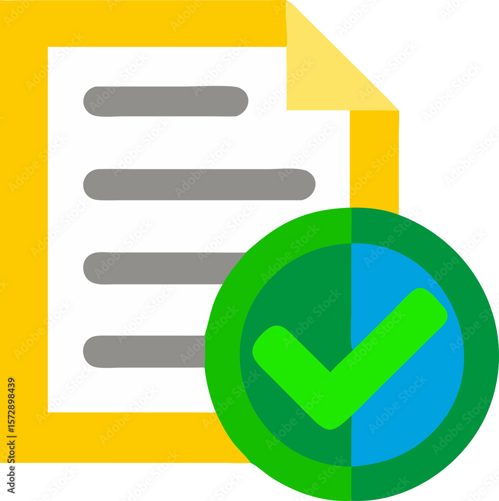 Poster document approval icon with green check mark symbolizing task completion and validation on transpare