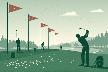Stylized vector golf driving range with multiple flags.