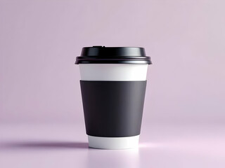 Coffee to go presents a hot beverage in a white paper cup with a sleek black lid and sleeve on a pink background.