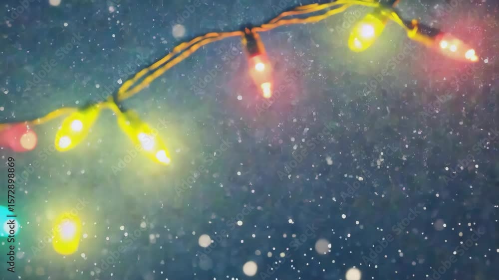 Poster lit-up string lights on a dark background, with falling snowflakes creating a festive holiday scene.
