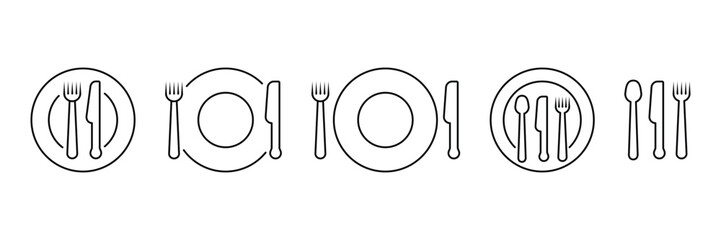 Dining utensils and plate arrangement icon set of cutlery fork knife spoon tableware vector illustration for restaurant kitchen food service decoration.