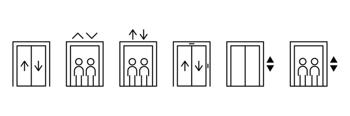 Elevator transport movement up down cabin lift door control people icon vector illustration set for building infrastructure technology signage.