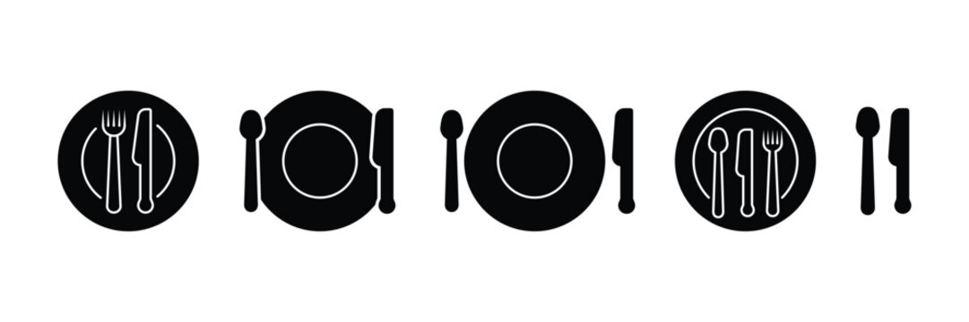 Dinner table cutlery icon set with fork knife spoon plate vector illustration for kitchen restaurant menu service in minimal flat design. - Powered by Adobe