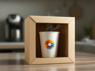 Steaming hot beverage presented in a white cup with a colorful logo, encased in a cardboard box for branding.