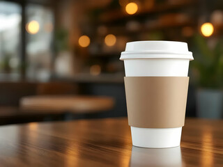 Fresh hot coffee in a takeaway cup awaits enjoying on a wooden table in a blurred cafe environment