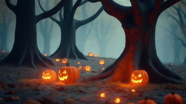 Explore the eerie glow of pumpkins in a dark, dense woodland. Seasons creepy helloween