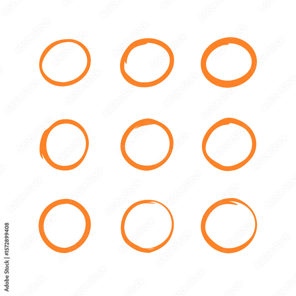 Poster nine vibrant orange circle outlines on a transparent backdrop, perfect for adding a pop of color and