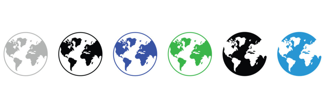 Global planet earth map vector world illustration symbol set of colorful continents shapes icons with round flat simple border.