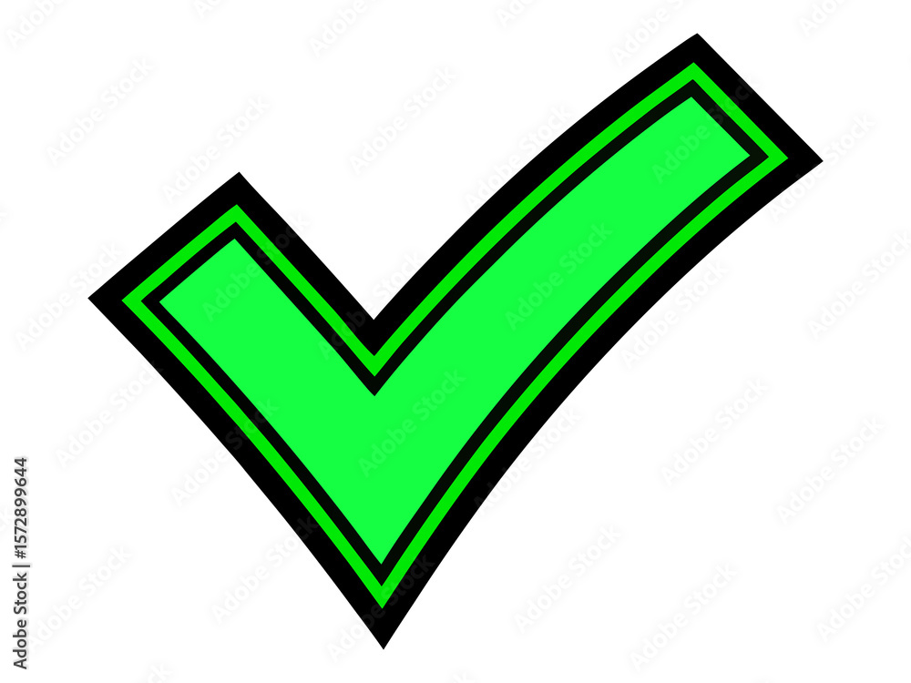 Poster vibrant green check mark with bold black outline on transparent backdrop symbolizing approval and co